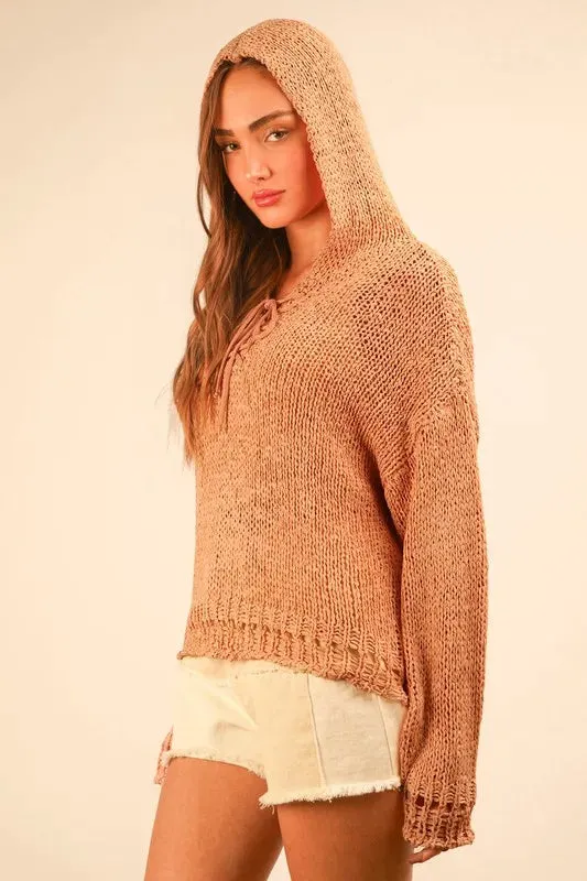 VERY J Oversized Openwork Lace Up Hooded Sweater