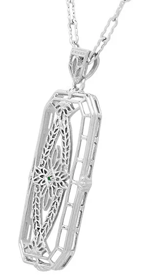 Vintage 1930's Style Ichthys Filigree Emerald Pendant Necklace in Sterling Silver