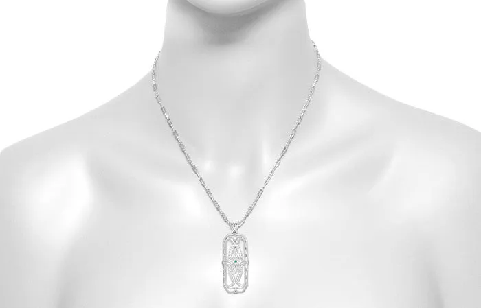 Vintage 1930's Style Ichthys Filigree Emerald Pendant Necklace in Sterling Silver