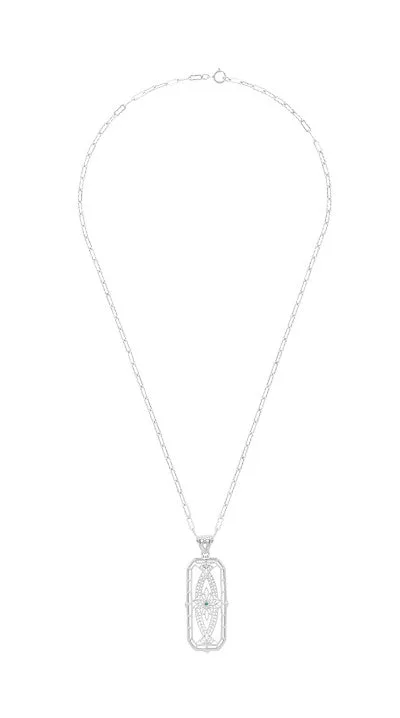 Vintage 1930's Style Ichthys Filigree Emerald Pendant Necklace in Sterling Silver