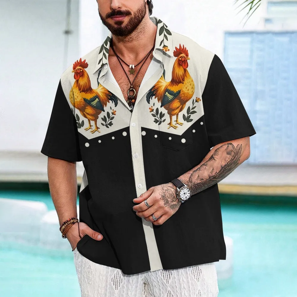 Vintage Chicken With Animal Print Casual Shirt 2406000641