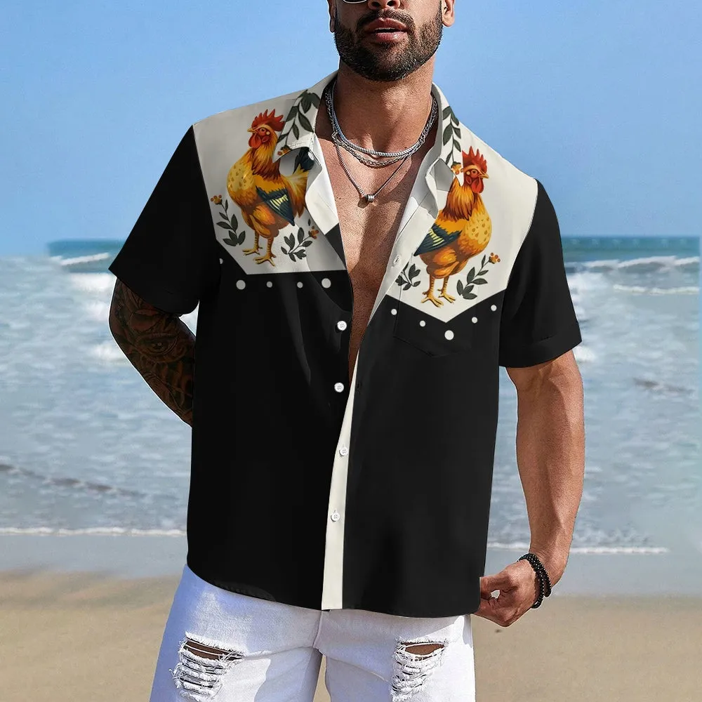 Vintage Chicken With Animal Print Casual Shirt 2406000641