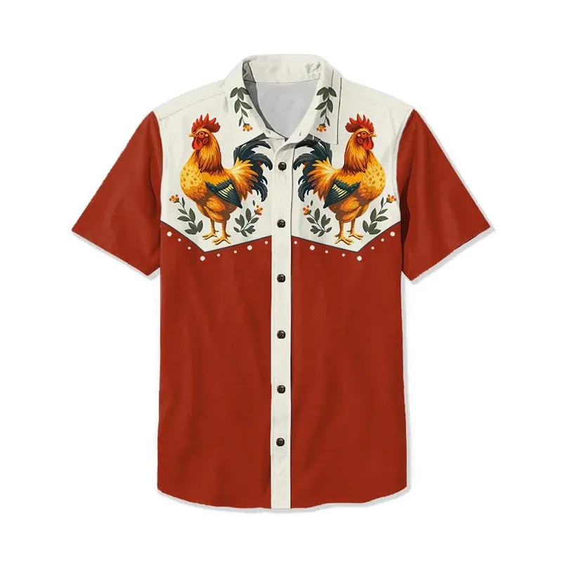 Vintage Chicken With Animal Print Casual Shirt 2406000641