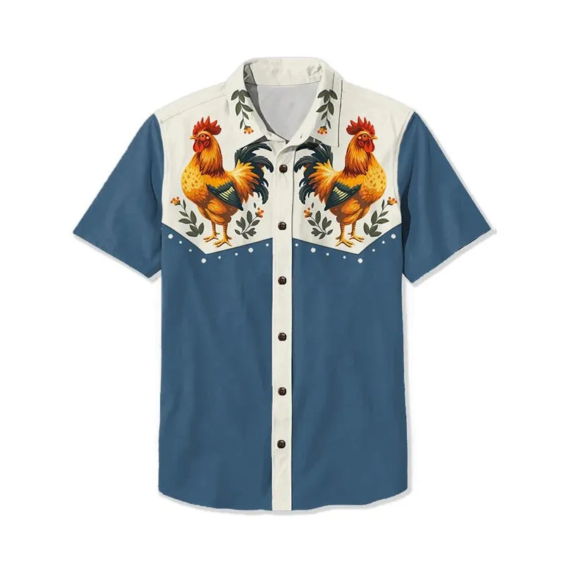 Vintage Chicken With Animal Print Casual Shirt 2406000641