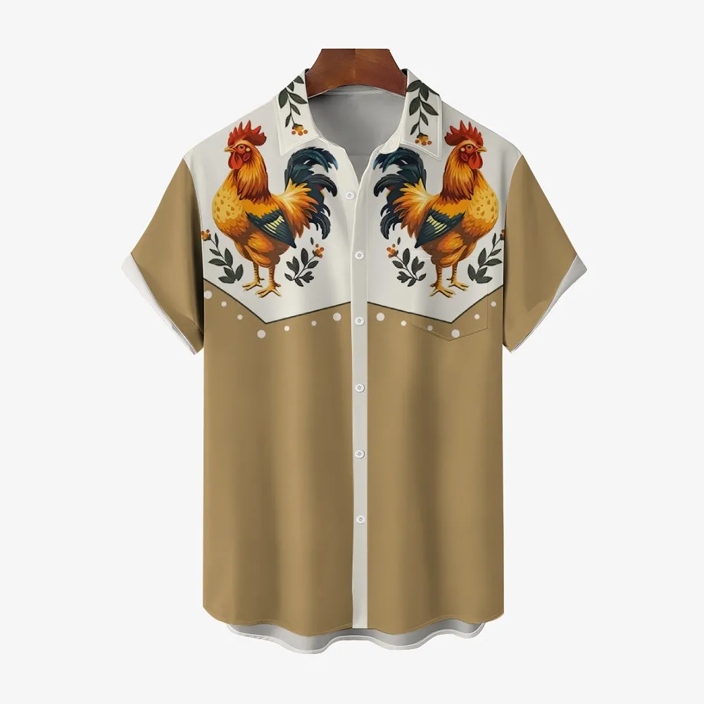 Vintage Chicken With Animal Print Casual Shirt 2406000641