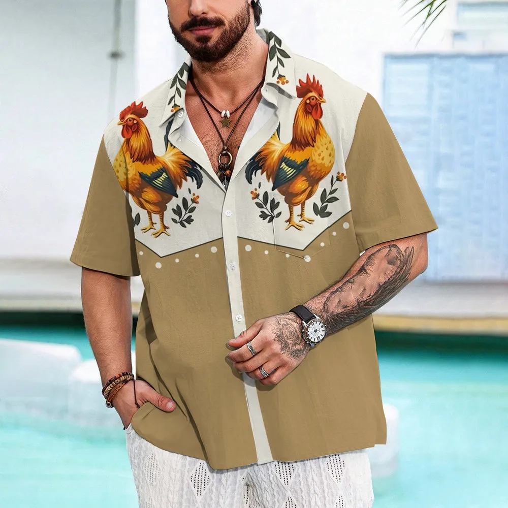 Vintage Chicken With Animal Print Casual Shirt 2406000641