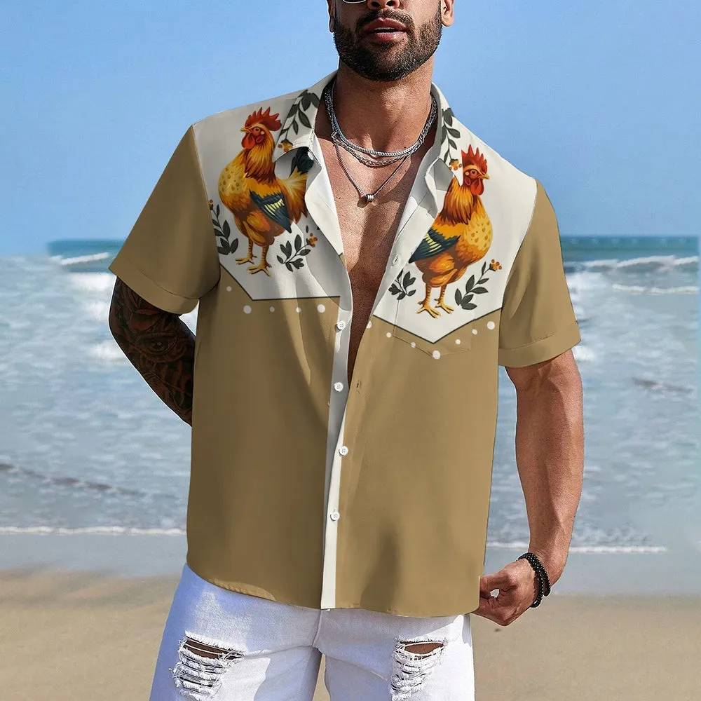 Vintage Chicken With Animal Print Casual Shirt 2406000641
