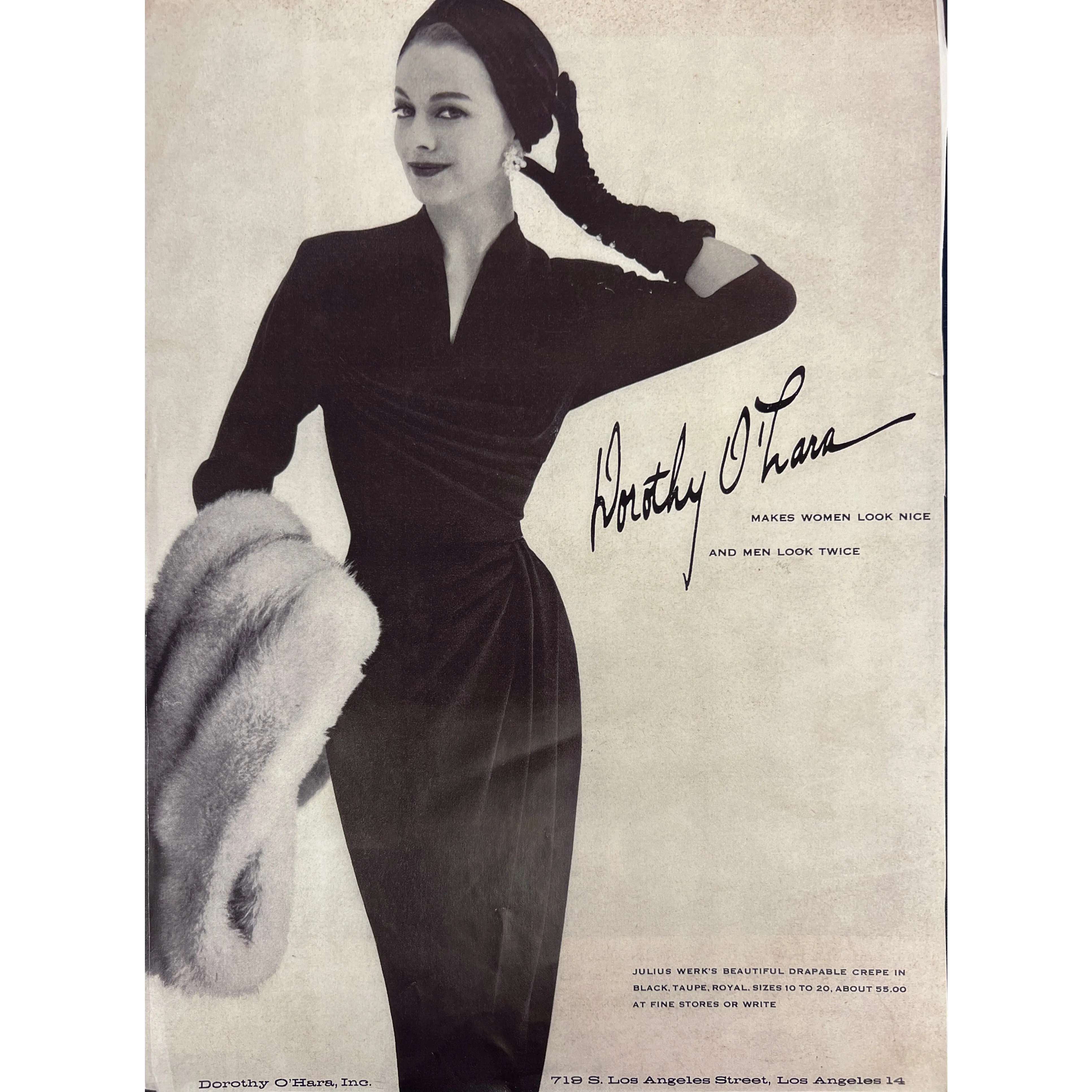Vintage Dorothy O'Hara  Framable Fashion Ad 15"x11" 1940s (photocopy)