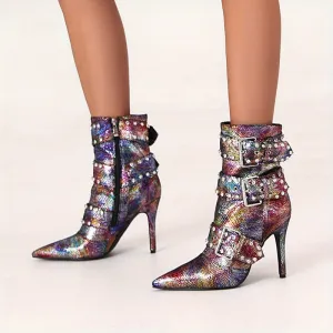 VougeVamp Chic Snakeskin Ankle Boots – Rhinestone High Stiletto Heel with Pointed Toe & Side Zipper