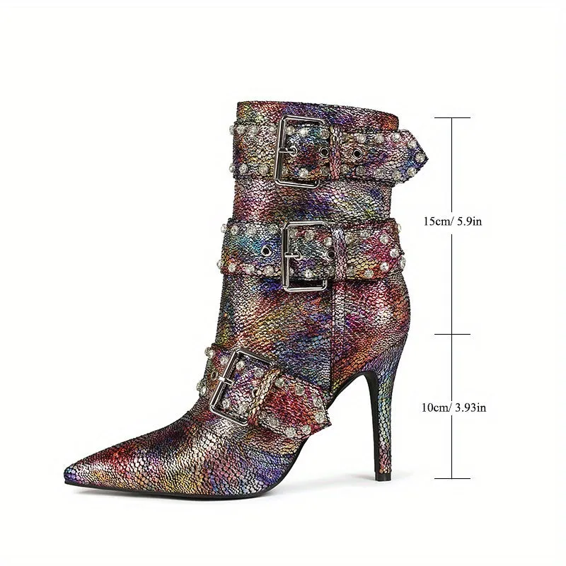 VougeVamp Chic Snakeskin Ankle Boots – Rhinestone High Stiletto Heel with Pointed Toe & Side Zipper