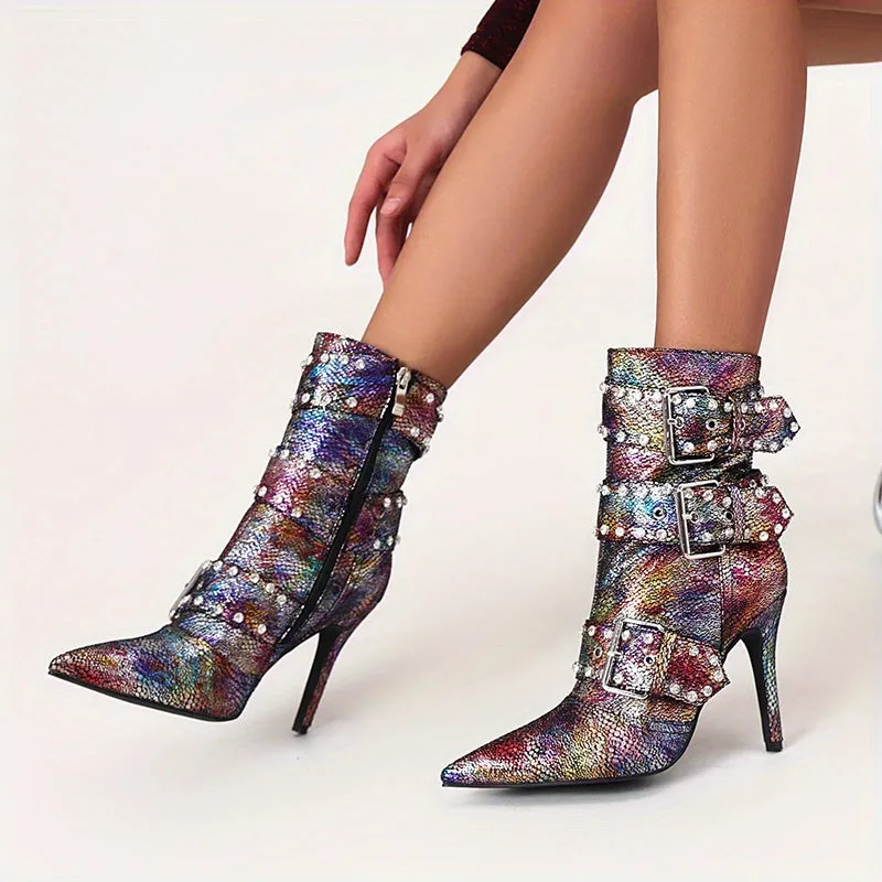 VougeVamp Chic Snakeskin Ankle Boots – Rhinestone High Stiletto Heel with Pointed Toe & Side Zipper