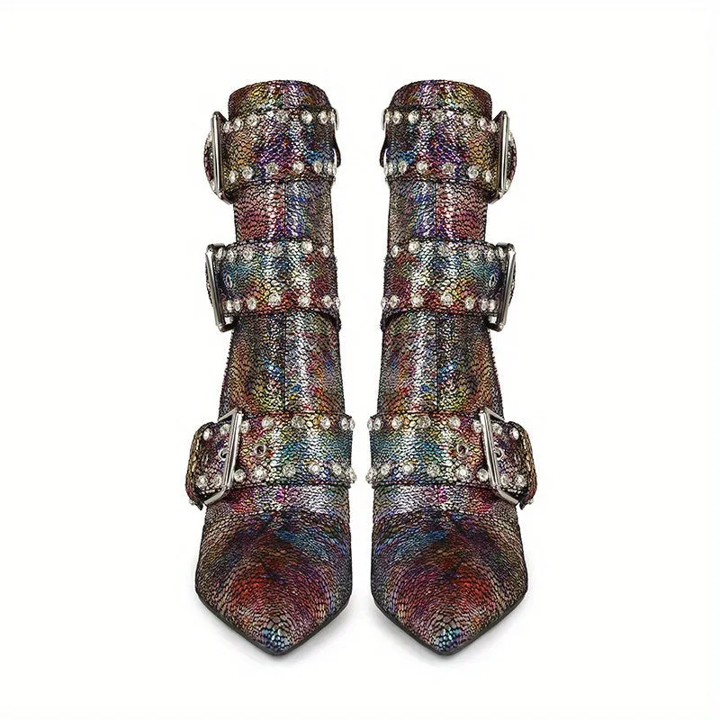 VougeVamp Chic Snakeskin Ankle Boots – Rhinestone High Stiletto Heel with Pointed Toe & Side Zipper