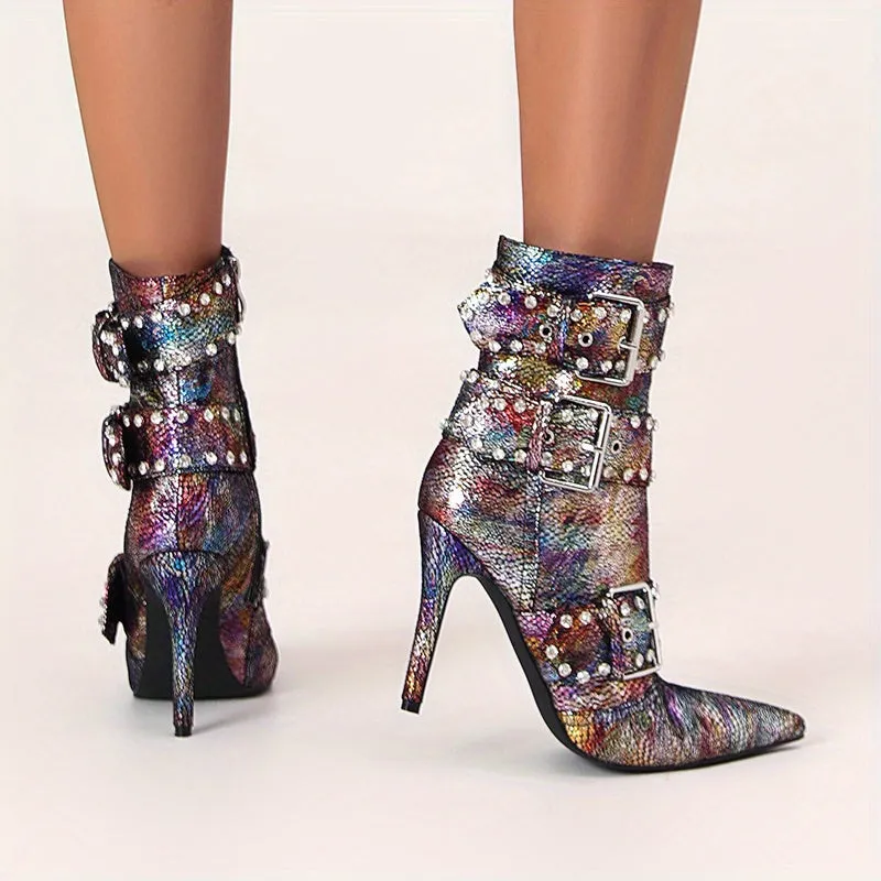VougeVamp Chic Snakeskin Ankle Boots – Rhinestone High Stiletto Heel with Pointed Toe & Side Zipper