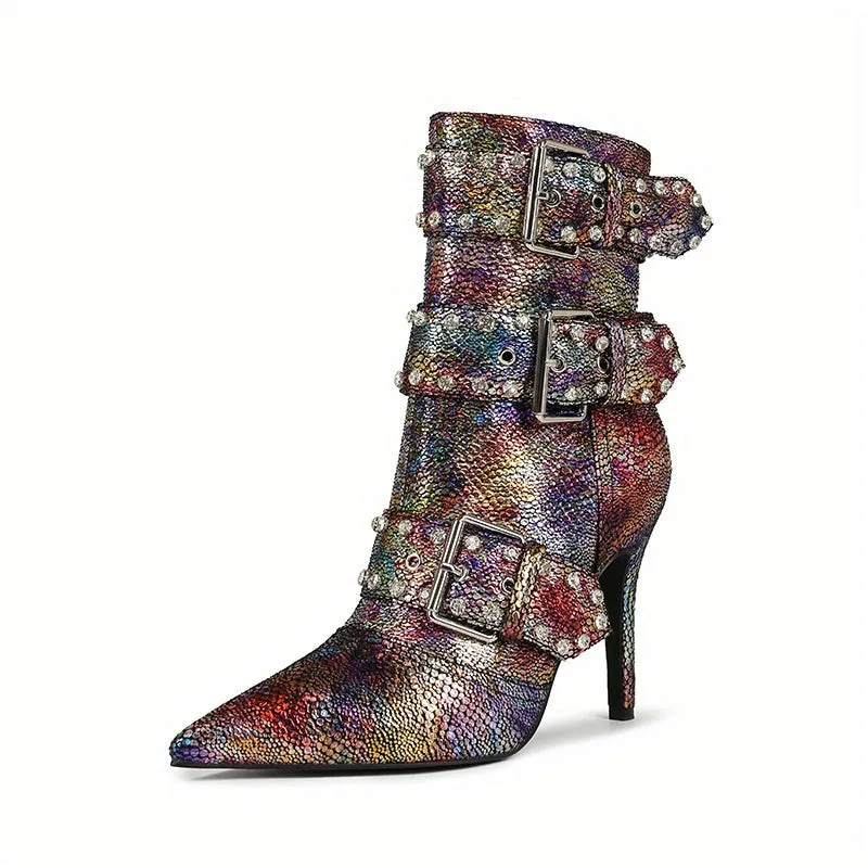 VougeVamp Chic Snakeskin Ankle Boots – Rhinestone High Stiletto Heel with Pointed Toe & Side Zipper