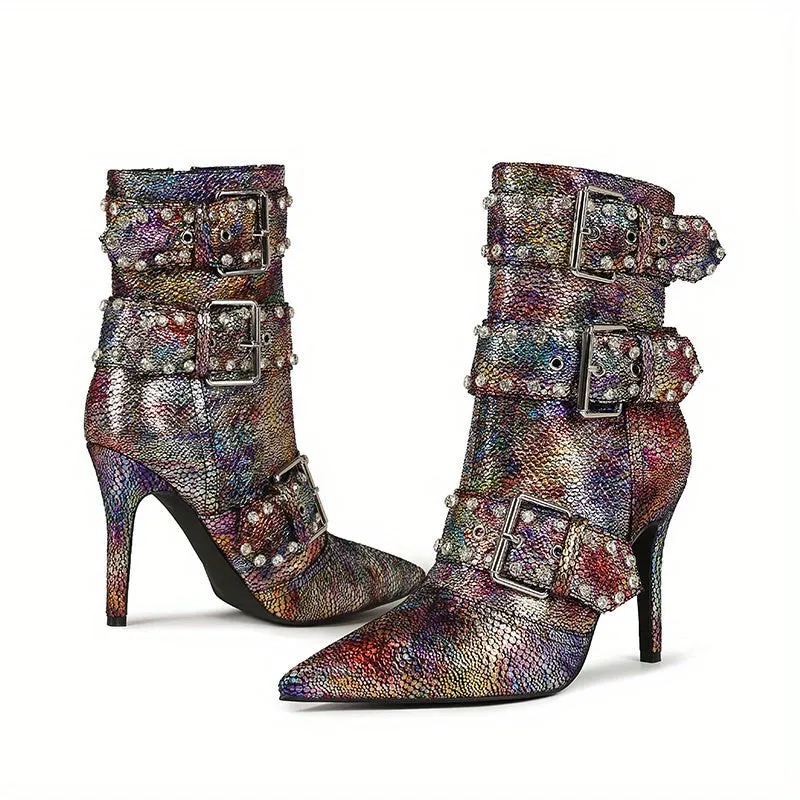 VougeVamp Chic Snakeskin Ankle Boots – Rhinestone High Stiletto Heel with Pointed Toe & Side Zipper