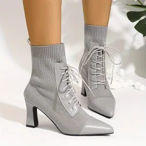 VougeVamp Fashionable Grey Ankle Boots – Pointed Toe & Chunky Heel Winter Boots