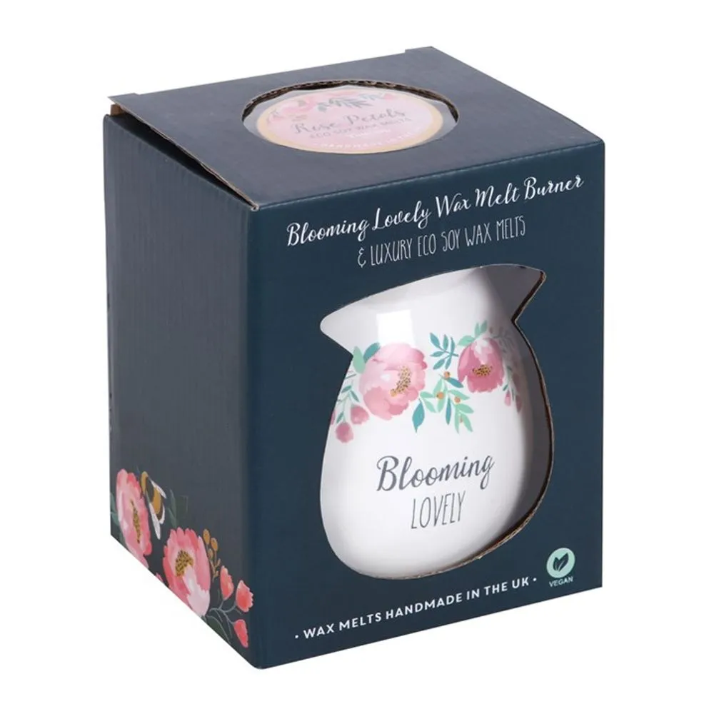 Wax Melt Burner with Rose Petals Fragrance Gift Set - Blooming Lovely Design