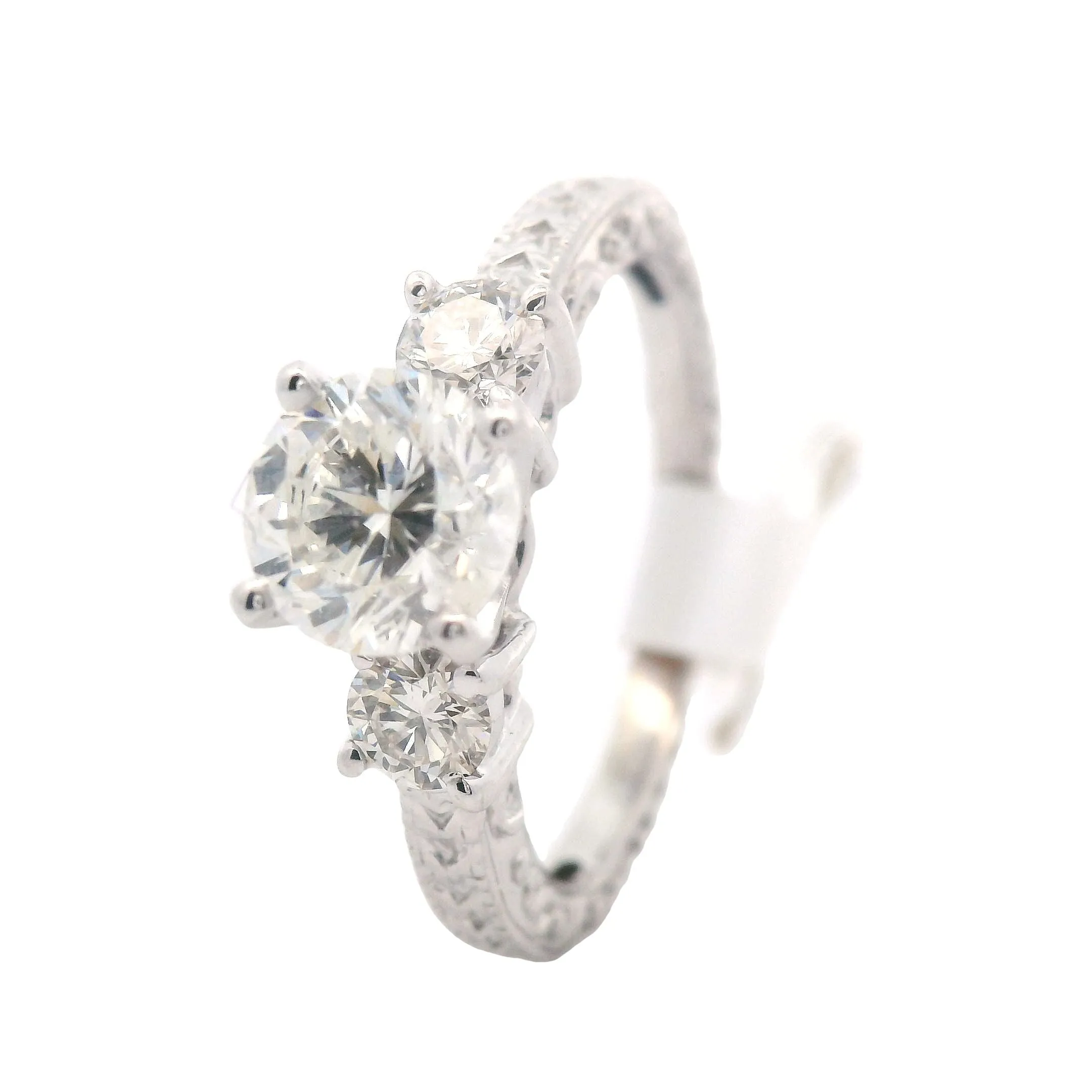 White Gold Engraved Shank and Three Stone Round Diamond Engagement Ring