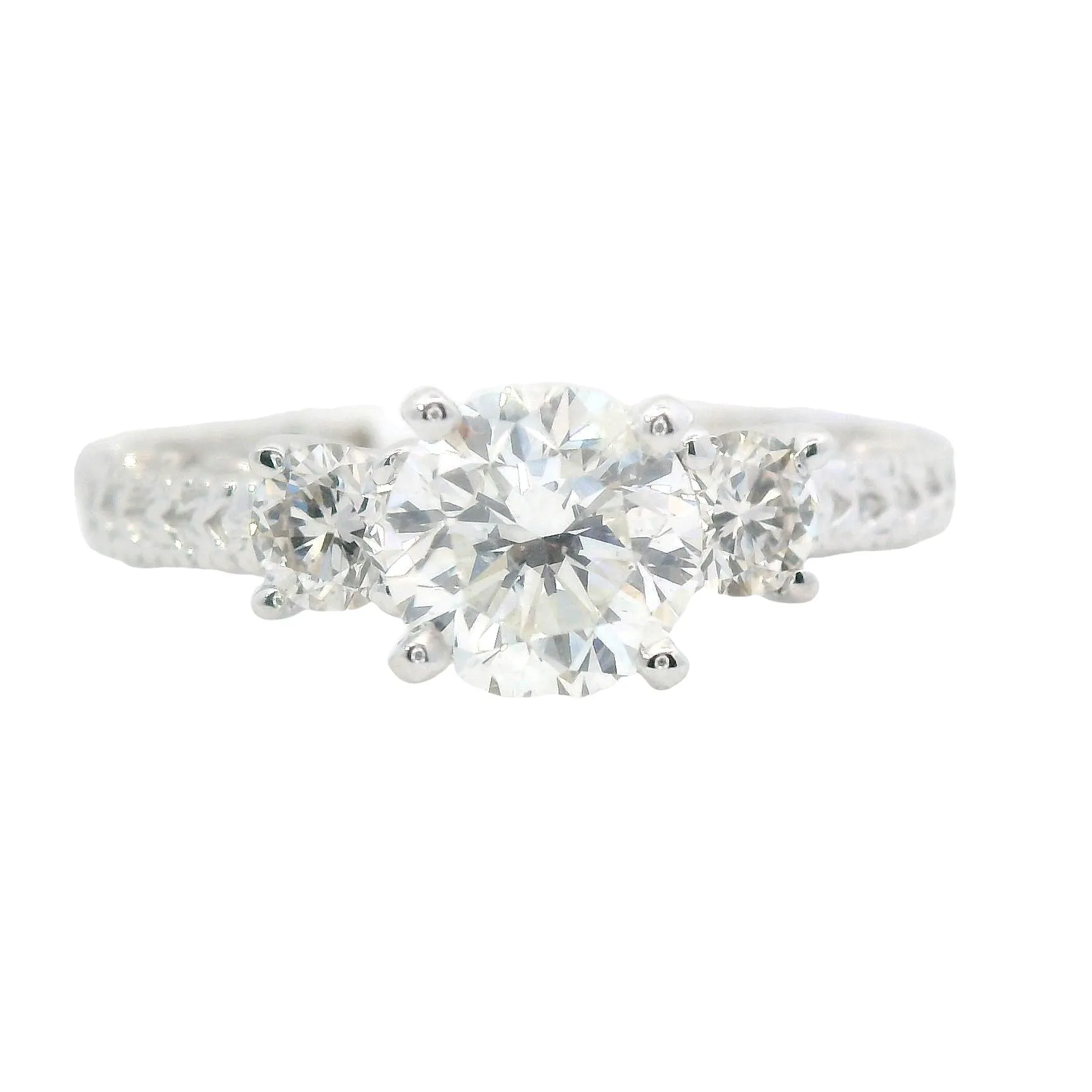 White Gold Engraved Shank and Three Stone Round Diamond Engagement Ring