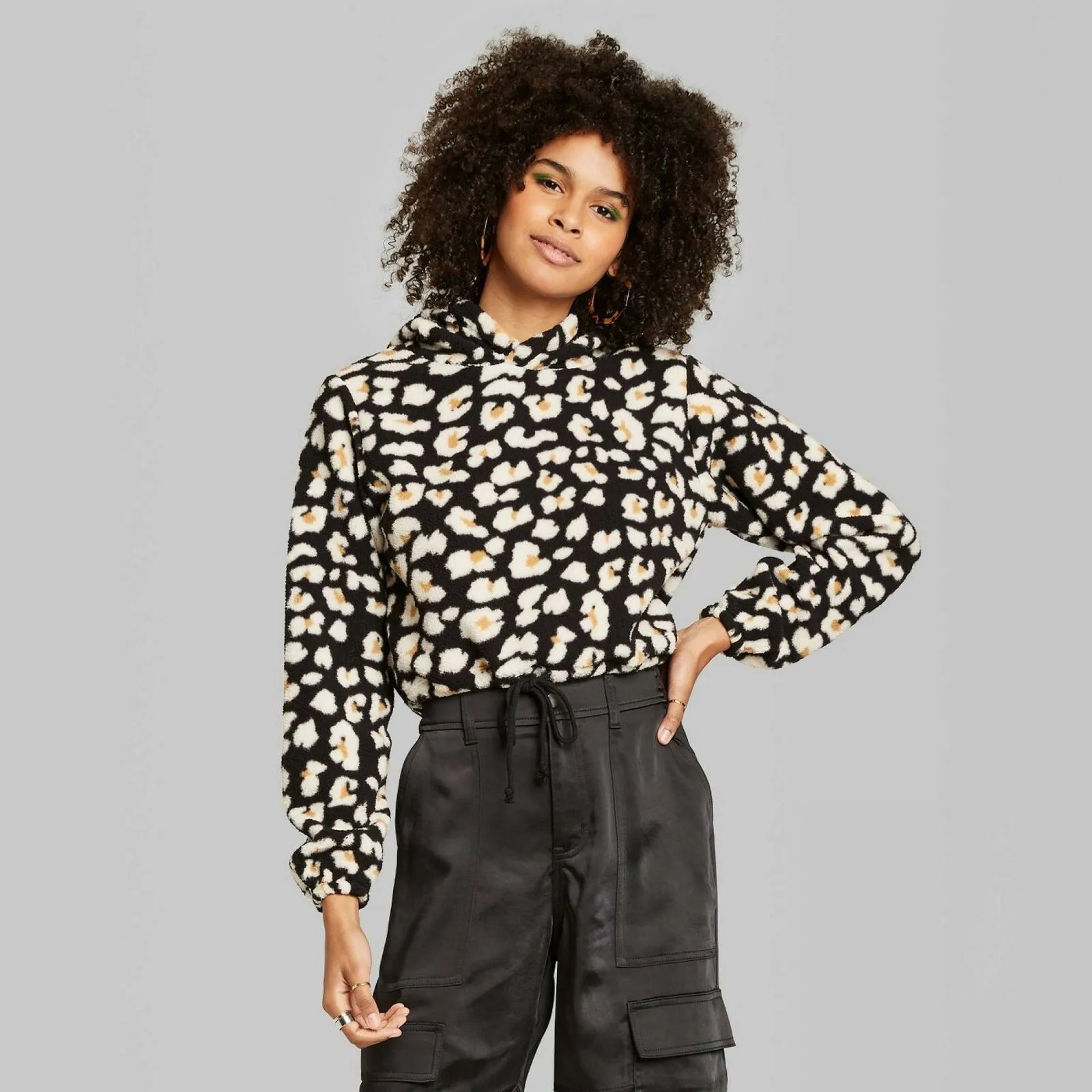 Wild Fable Women's Animal Print Hooded Sherpa Sweatshirt Black Large