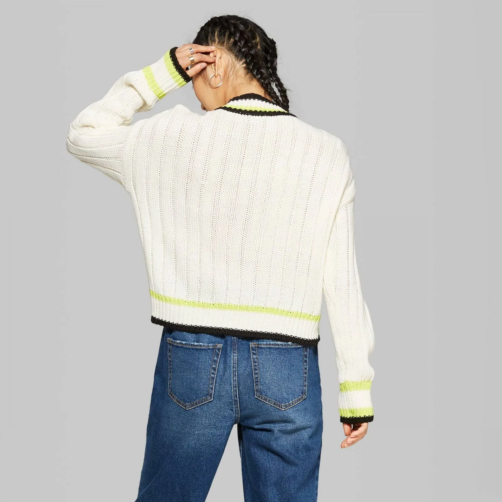 Wild Fable Women's Long Sleeve V-Neck Cropped Varsity Sweater