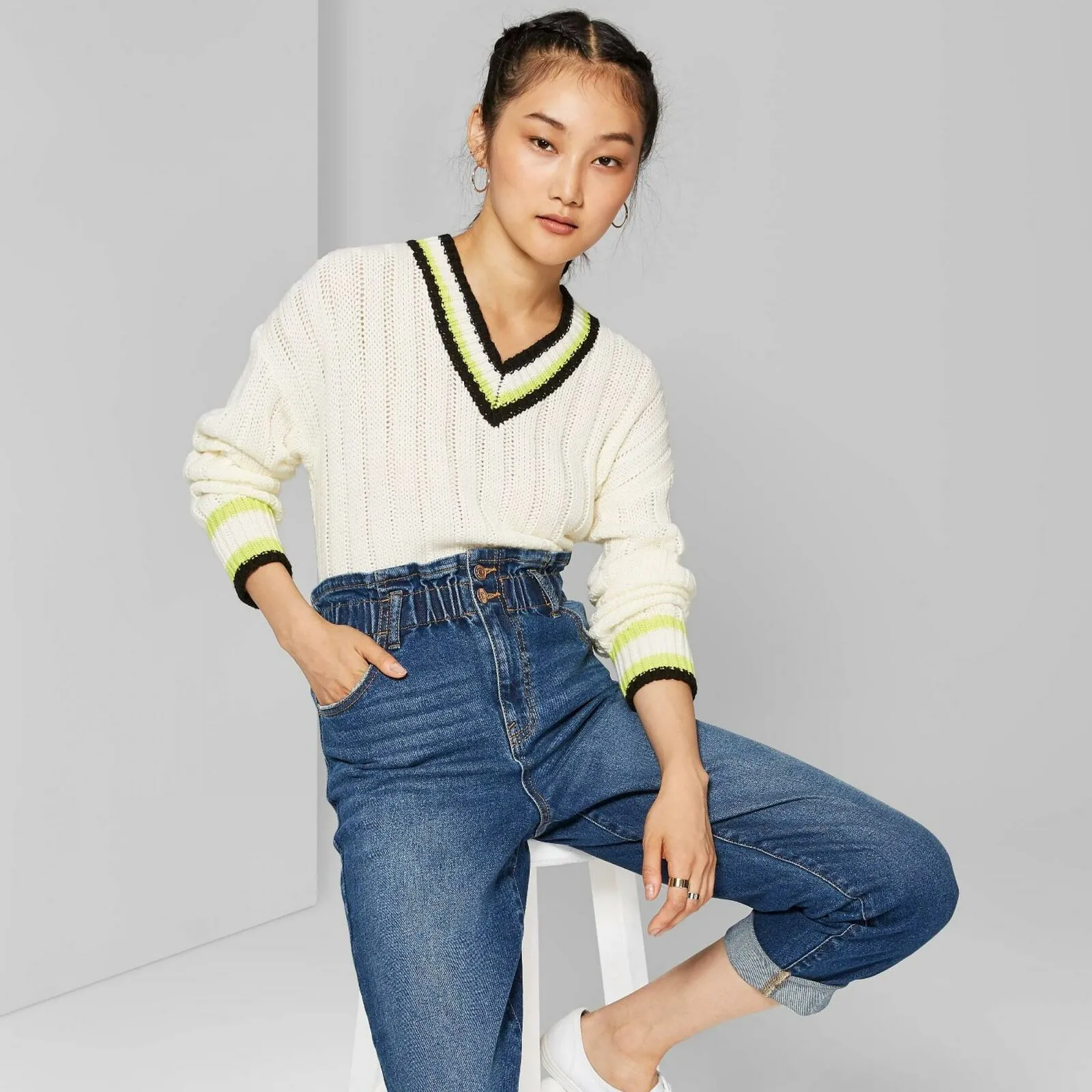 Wild Fable Women's Long Sleeve V-Neck Cropped Varsity Sweater
