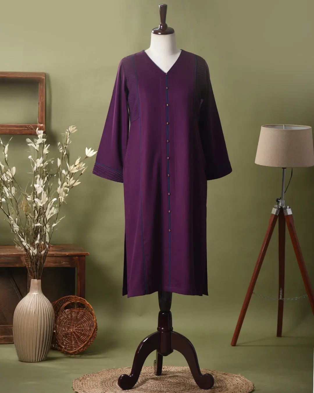 Wine Winter Wear Wool Spun Blend Embroidered Ready To Wear Straight Kurta With Pant