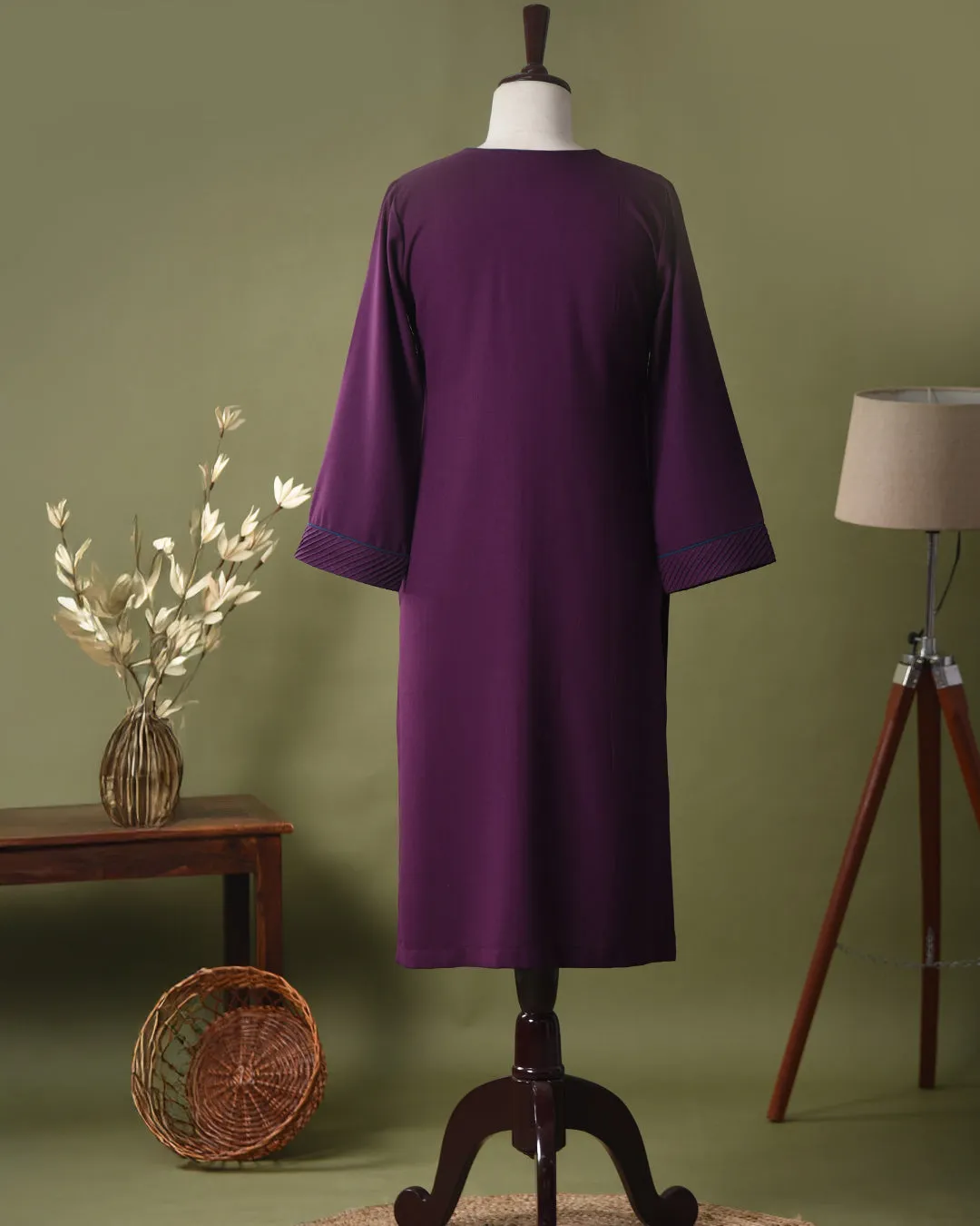 Wine Winter Wear Wool Spun Blend Embroidered Ready To Wear Straight Kurta With Pant