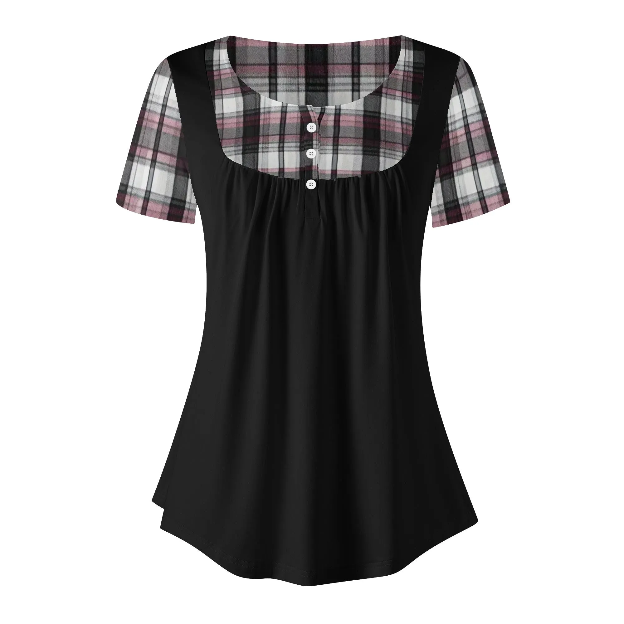 Women's Melisa Design Pink, White, & Black Plaid Color Block Scoop Neck Short Sleeve Loose Blouse
