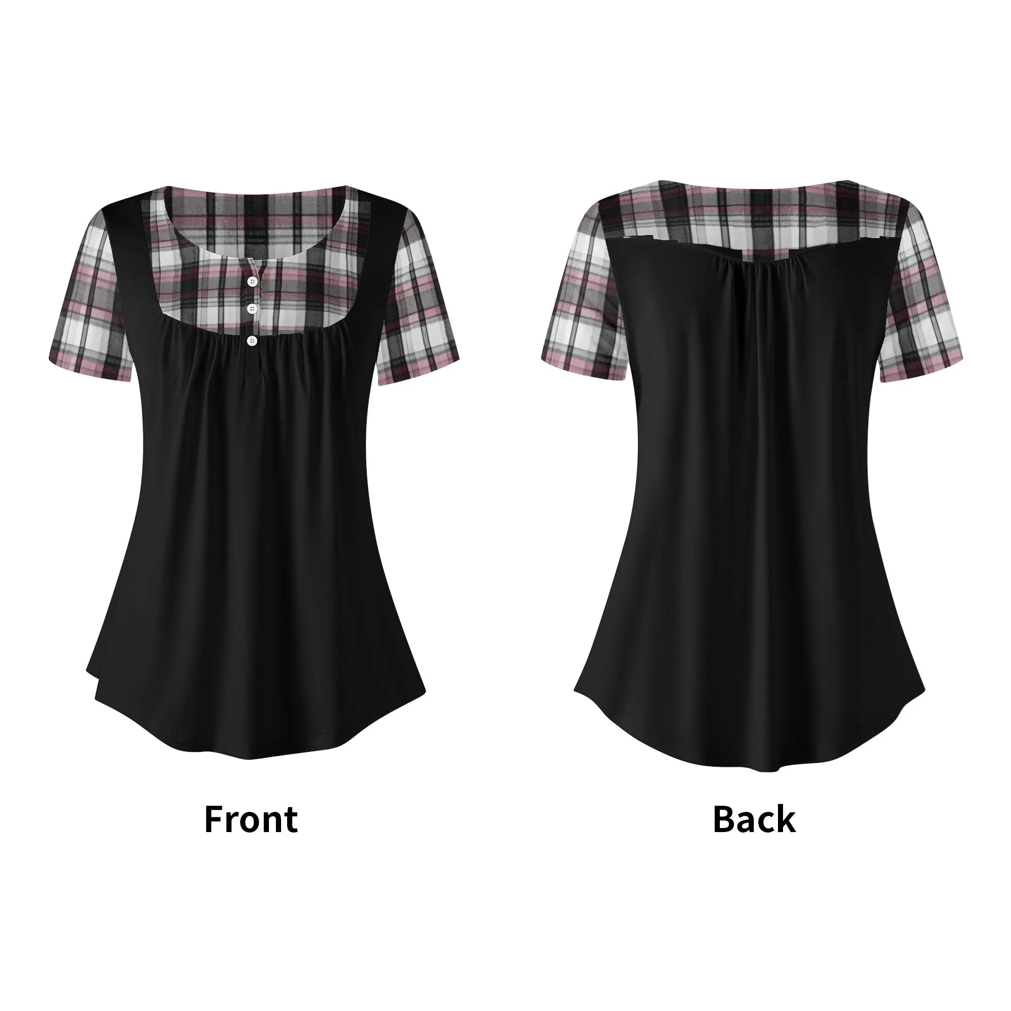Women's Melisa Design Pink, White, & Black Plaid Color Block Scoop Neck Short Sleeve Loose Blouse