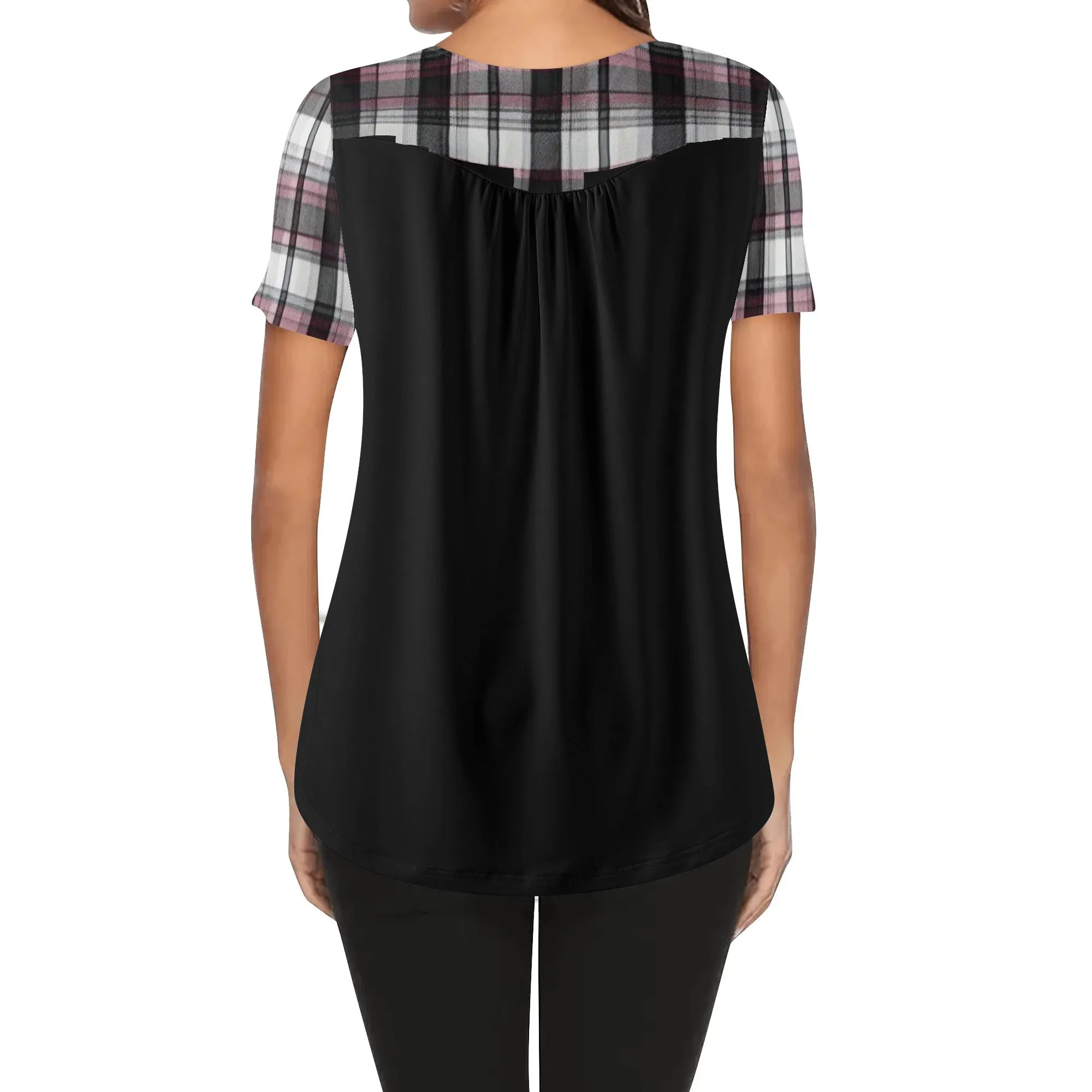 Women's Melisa Design Pink, White, & Black Plaid Color Block Scoop Neck Short Sleeve Loose Blouse