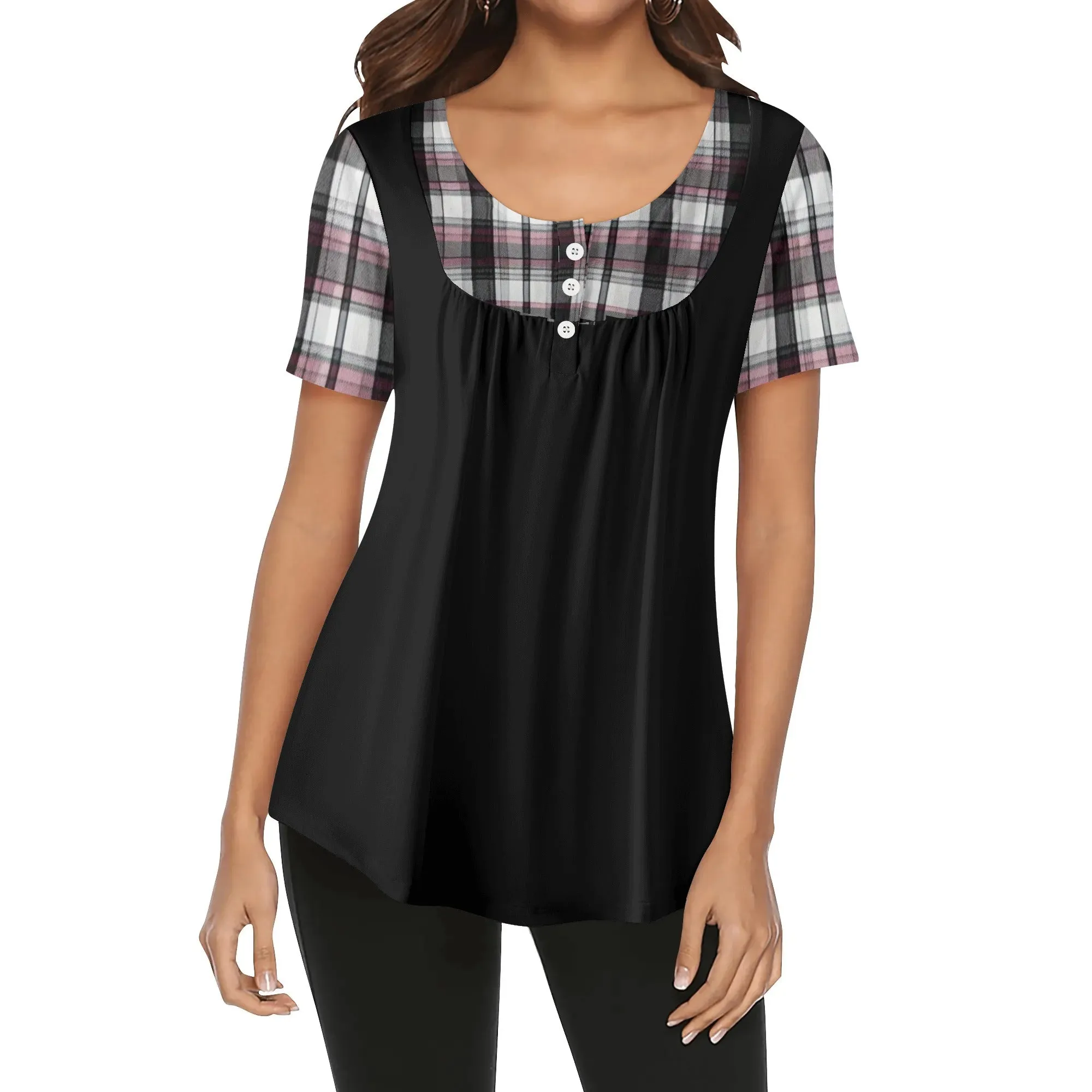 Women's Melisa Design Pink, White, & Black Plaid Color Block Scoop Neck Short Sleeve Loose Blouse