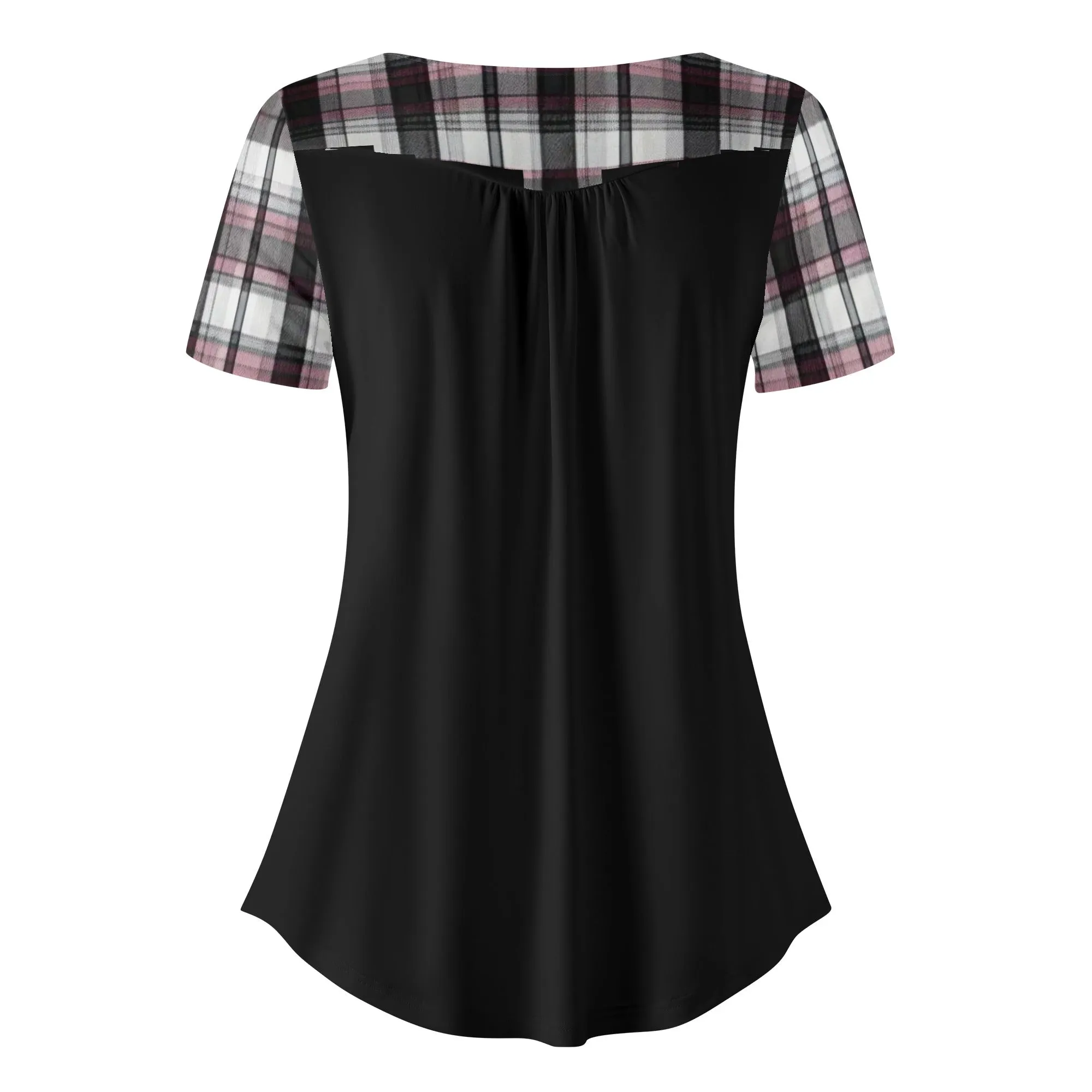 Women's Melisa Design Pink, White, & Black Plaid Color Block Scoop Neck Short Sleeve Loose Blouse