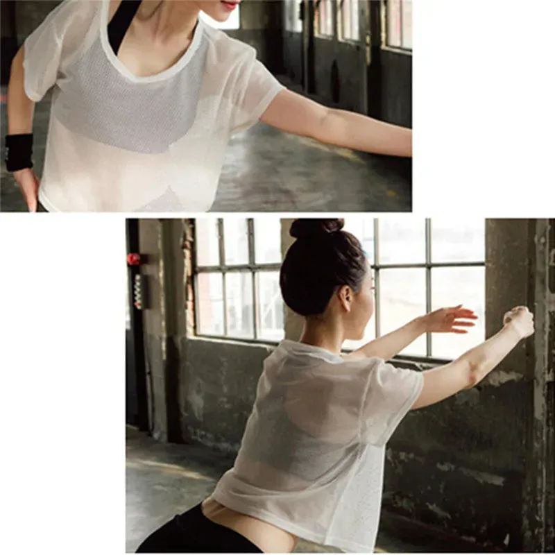 Women's Mesh Yoga Shirt Sexy Short Sleeve T-Shirt Sport Top Blouse Cover Up Quick Dry Gym Clothes Running Fitness Tank Sportwear
