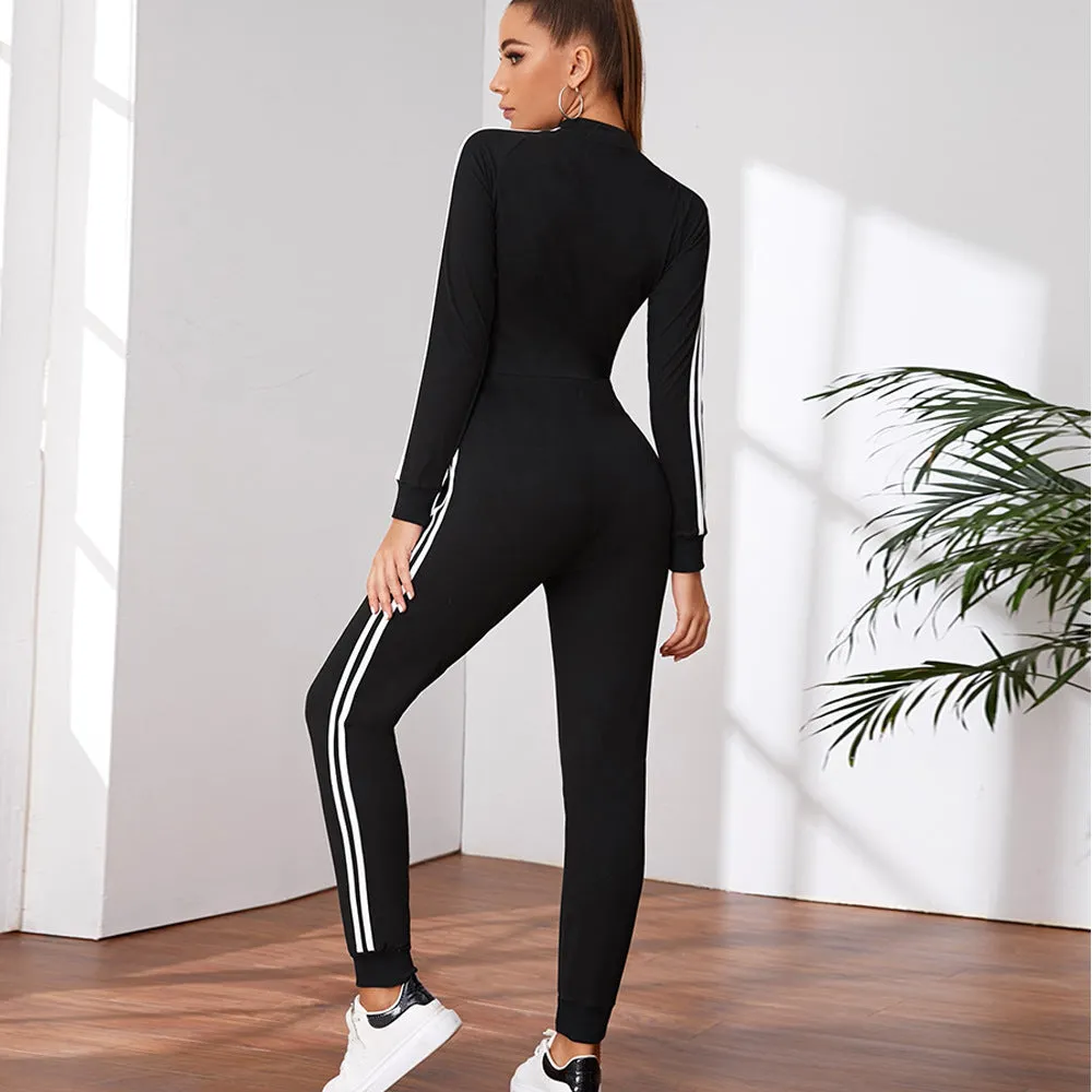 Women's Zipper Running Jumpsuit - Long Sleeve Sports Fitness Jumpsuit