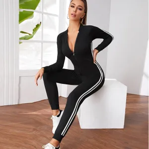 Women's Zipper Running Jumpsuit - Long Sleeve Sports Fitness Jumpsuit