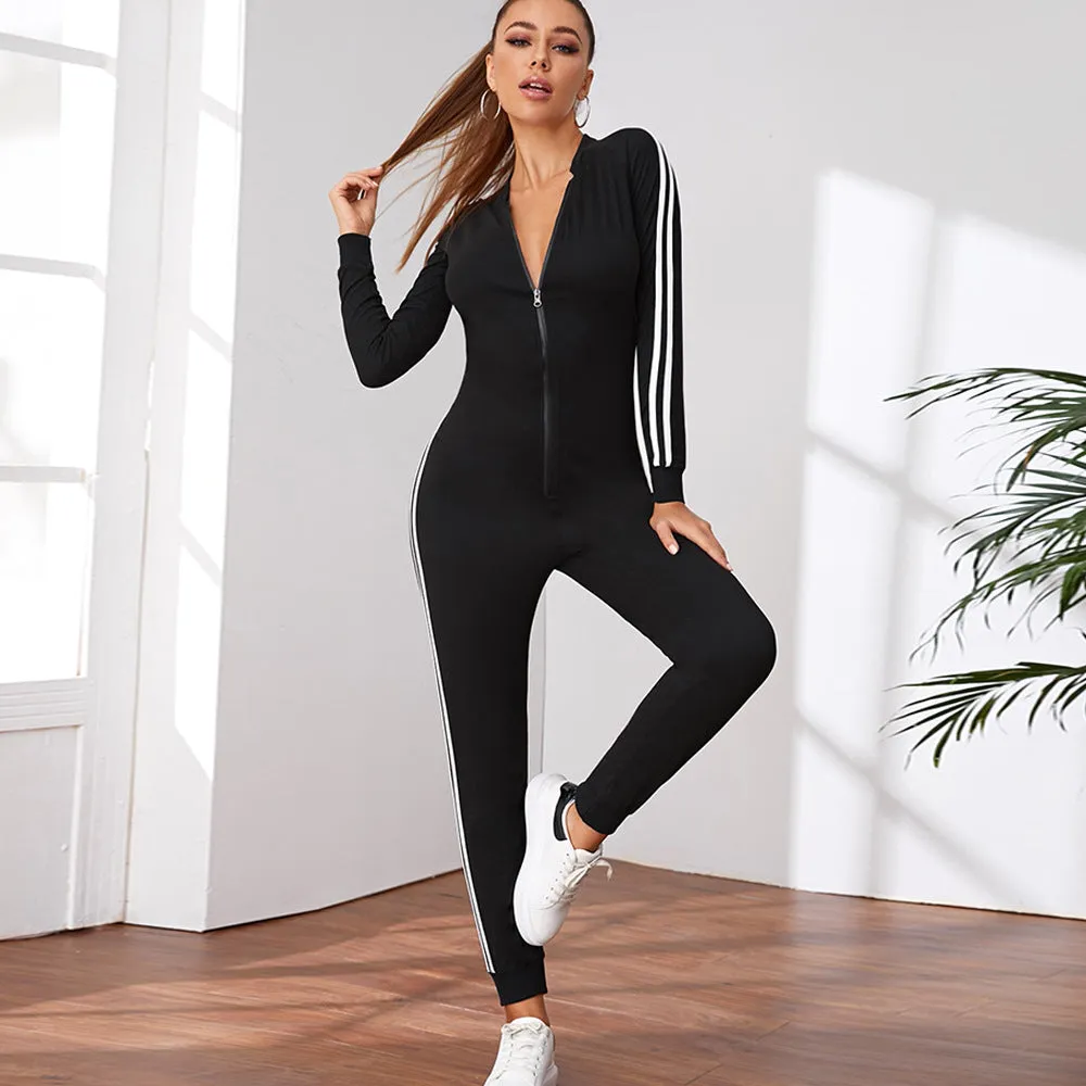 Women's Zipper Running Jumpsuit - Long Sleeve Sports Fitness Jumpsuit
