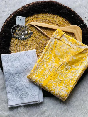 Yellow Chikankari cotton Kurti With Pant In Mul Mul Cotton