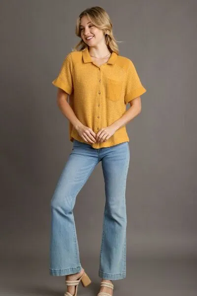 Yellow Waffle-Knit Short Sleeve Button Down Shirt