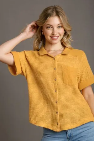 Yellow Waffle-Knit Short Sleeve Button Down Shirt