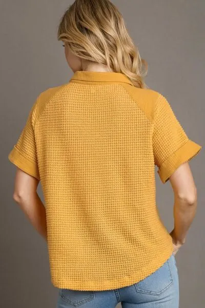 Yellow Waffle-Knit Short Sleeve Button Down Shirt
