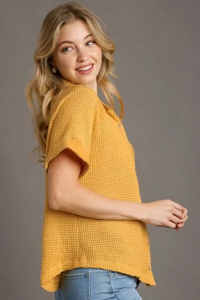 Yellow Waffle-Knit Short Sleeve Button Down Shirt