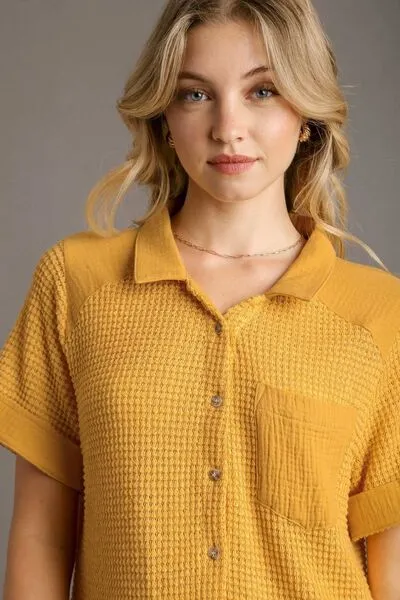 Yellow Waffle-Knit Short Sleeve Button Down Shirt