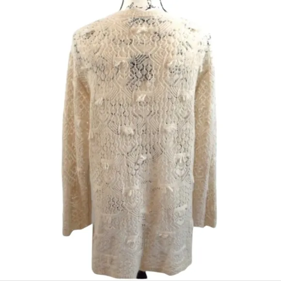 Zara Pointelle Open Knit Ivory Cream Wool Alpaca Round Neck Sweater Size Medium