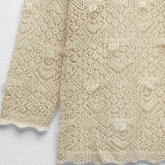 Zara Pointelle Open Knit Ivory Cream Wool Alpaca Round Neck Sweater Size Medium