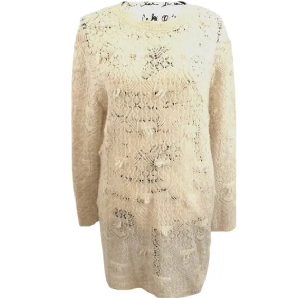 Zara Pointelle Open Knit Ivory Cream Wool Alpaca Round Neck Sweater Size Medium