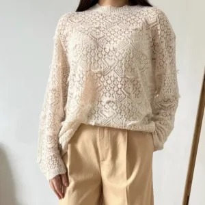 Zara Pointelle Open Knit Ivory Cream Wool Alpaca Round Neck Sweater Size Medium