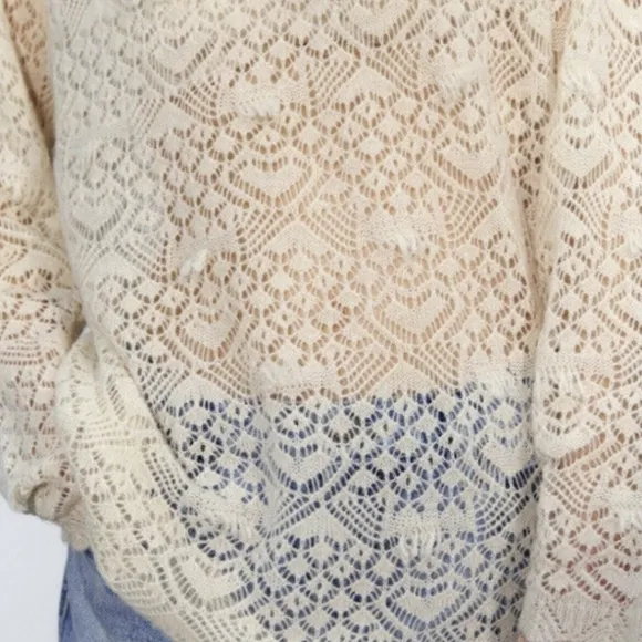 Zara Pointelle Open Knit Ivory Cream Wool Alpaca Round Neck Sweater Size Medium