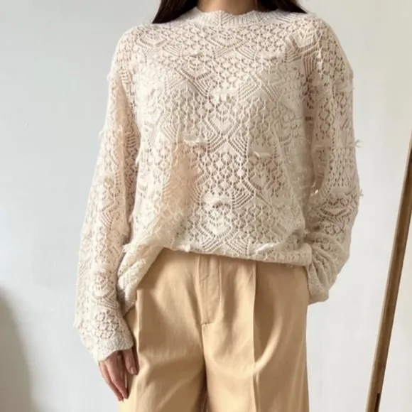 Zara Pointelle Open Knit Ivory Cream Wool Alpaca Round Neck Sweater Size Medium