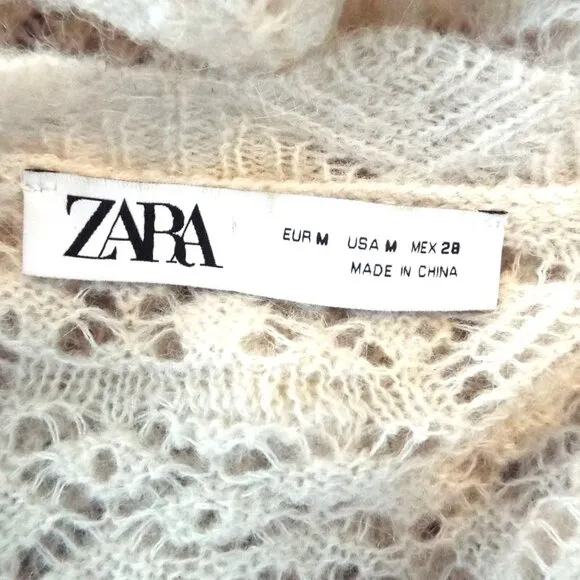 Zara Pointelle Open Knit Ivory Cream Wool Alpaca Round Neck Sweater Size Medium